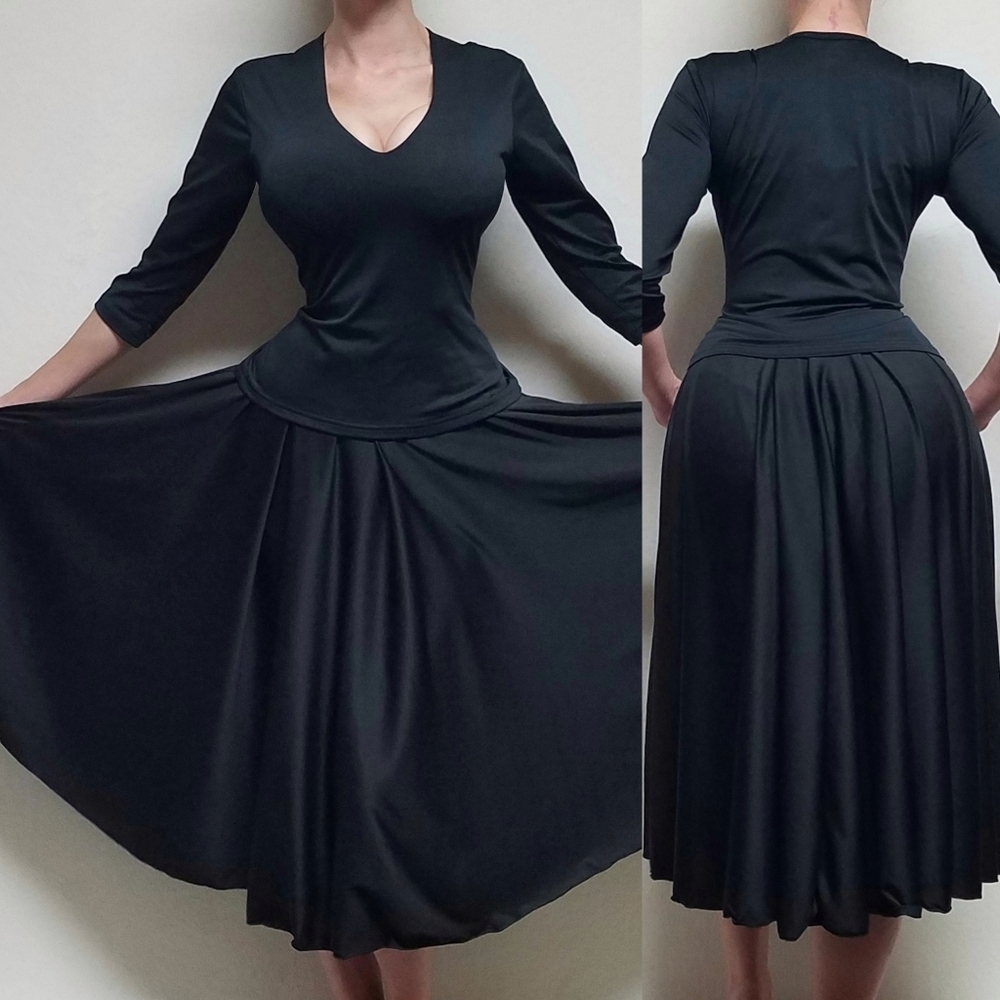 90s Vintage Natalie Dancewear Black Quarter Sleeve Top Full Circle Skirt Set M